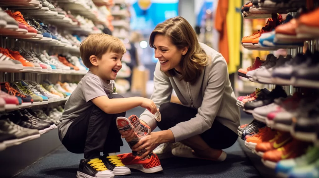 Navigating Flat Feet Concerns During a Shoe Shopping Trip pulasena A mother shopping for shoes with her six year old son ccd cb d aee bdb
