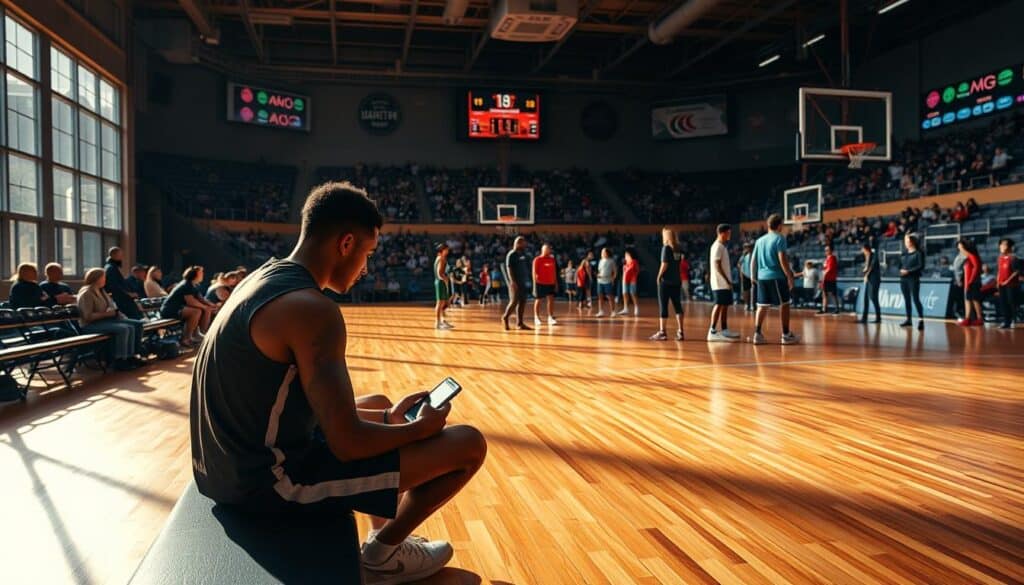 A basketball court flooded with natural light, casting long shadows across the polished hardwood floor. In the foreground, an athlete sits on a bench, intently studying a blood glucose monitor and insulin pen. The middle ground features a diverse group of athletes engaged in various training exercises, each managing their diabetes with focused determination. The background showcases a vibrant, energetic sports arena, with spectators cheering and the scoreboard illuminating the scene. The atmosphere is one of collaborative support, where athletes with diabetes seamlessly integrate their medical needs into their athletic pursuits, showcasing resilience and inspiring others. A basketball court flooded with natural light, casting long shadows across the polished hardwood floor. In the foreground, an athlete sits on a bench, intently studying a blood glucose monitor and insulin pen. The middle ground features a diverse group of athletes engaged in various training exercises, each managing their diabetes with focused determination. The background showcases a vibrant, energetic sports arena, with spectators cheering and the scoreboard illuminating the scene. The atmosphere is one of collaborative support, where athletes with diabetes seamlessly integrate their medical needs into their athletic pursuits, showcasing resilience and inspiring others.