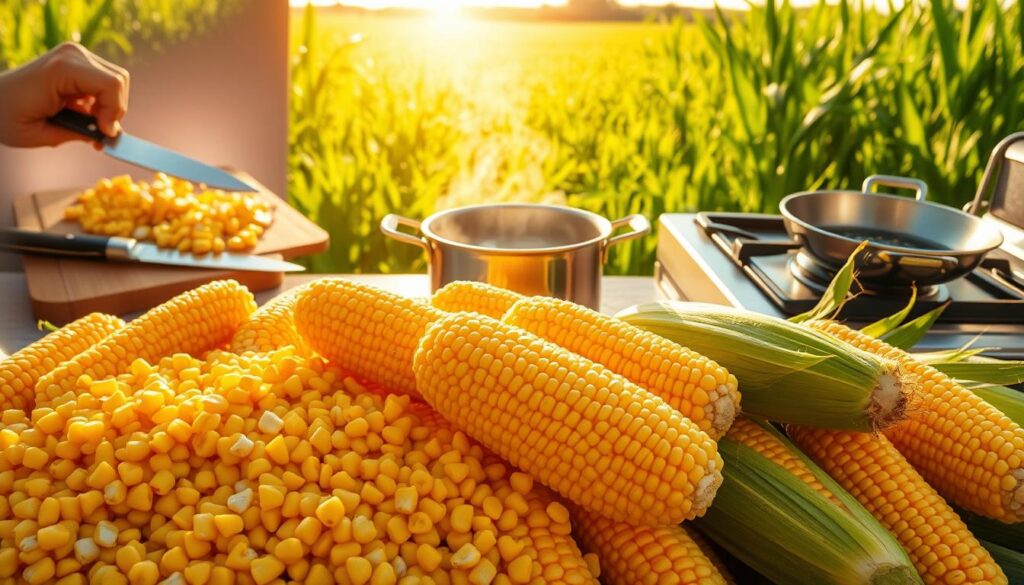 A bountiful harvest of fresh, vibrant corn kernels arranged in the foreground, glistening under warm, natural lighting. In the middle ground, various preparation methods are showcased - a cutting board with a sharp knife slicing through the cobs, a steaming pot of boiling water, and a sizzling pan on the stovetop. In the background, a lush, green cornfield extends, bathed in the golden glow of the sun, evoking a sense of rustic, wholesome goodness. The scene conveys the importance of proper preparation to unlock the optimal health benefits of this versatile, nutritious ingredient.