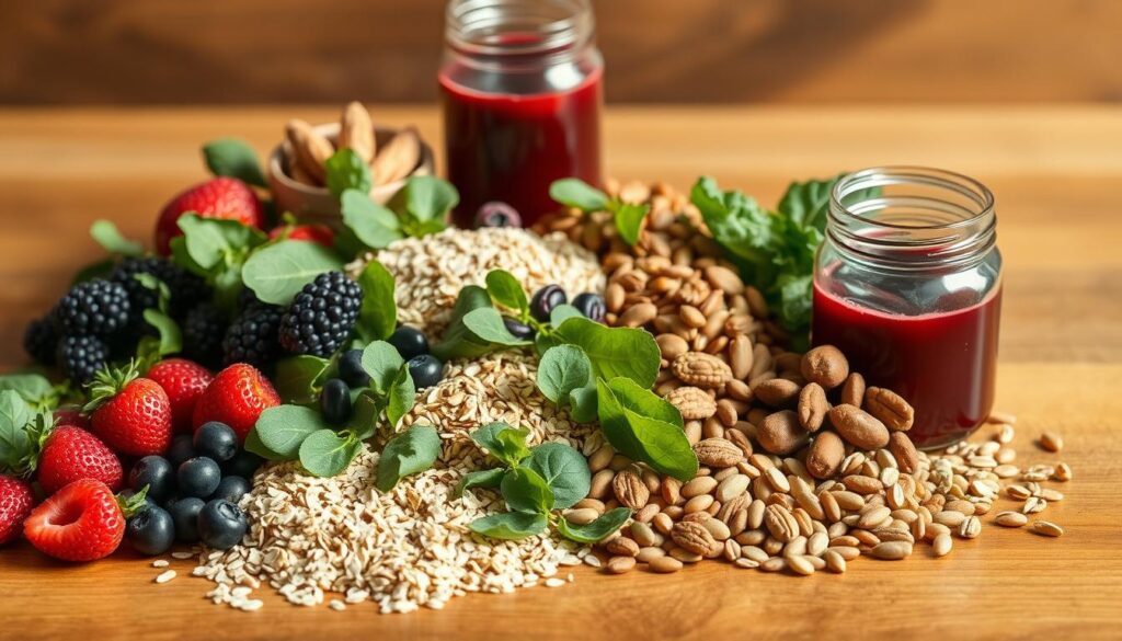 A bountiful still life arrangement showcasing an array of fiber-rich foods on a warm-toned wooden table. In the foreground, an assortment of fresh berries, leafy greens, and sliced whole grains such as oats and quinoa. Midground features a variety of nuts, seeds, and legumes, artfully displayed. In the background, a glass jar filled with a deep red liquid, symbolizing the management of blood sugar. Soft, natural lighting illuminates the scene, casting gentle shadows and highlighting the vibrant colors and textures of the ingredients. The overall composition conveys a sense of nourishment, balance, and control over one's health.