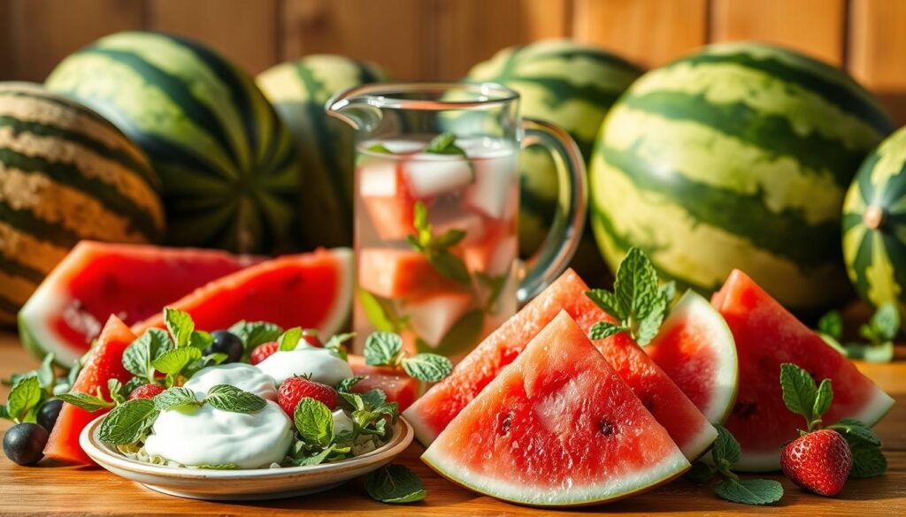 A bountiful still life showcasing a variety of healthy combinations featuring fresh, juicy watermelon. In the foreground, slices of watermelon are artfully arranged alongside complementary ingredients like crisp greens, vibrant berries, and creamy yogurt. The middle ground depicts a glass pitcher filled with refreshing watermelon-infused water, surrounded by scattered mint leaves. In the background, a wooden table is set with a selection of whole watermelons, conveying the abundance and versatility of this summer fruit. The scene is bathed in warm, natural lighting, evoking a sense of warmth, vitality, and nutritious indulgence.