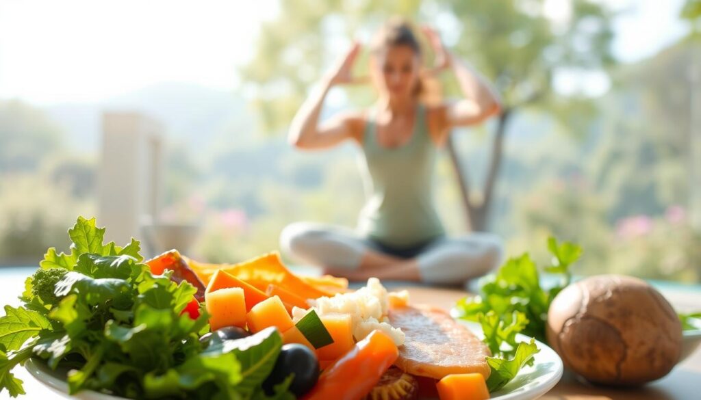 A bright, airy scene depicting various aspects of diet and exercise for blood sugar control. In the foreground, a plate of healthy whole foods - leafy greens, vegetables, lean protein, and complex carbs. In the middle ground, a person performing gentle exercises like yoga or light strength training. The background features a calming natural landscape, perhaps a park or garden, with soft natural lighting filtering through. The overall mood is one of balance, wellness, and a holistic approach to managing blood sugar through lifestyle choices. The composition and angles create a sense of harmony and attainability, encouraging the viewer to consider their own journey towards a healthier life.