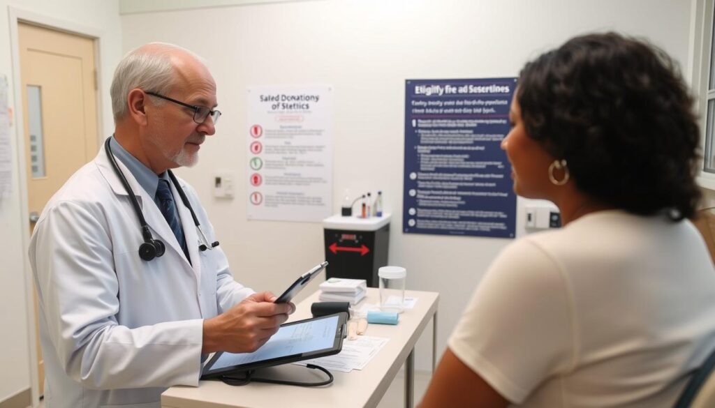 A bright, well-lit medical office setting with a clean, professional atmosphere. In the foreground, a doctor reviews a patient's medical history and eligibility criteria for blood donation, utilizing a digital tablet or clipboard. The middle ground features a table with medical equipment, including a blood pressure cuff, bandages, and a container for collecting blood samples. In the background, a poster or informational display provides clear guidelines and instructions on the blood donation process and eligibility requirements. The overall scene conveys a sense of care, attention to detail, and a commitment to ensuring a safe and successful blood donation experience.