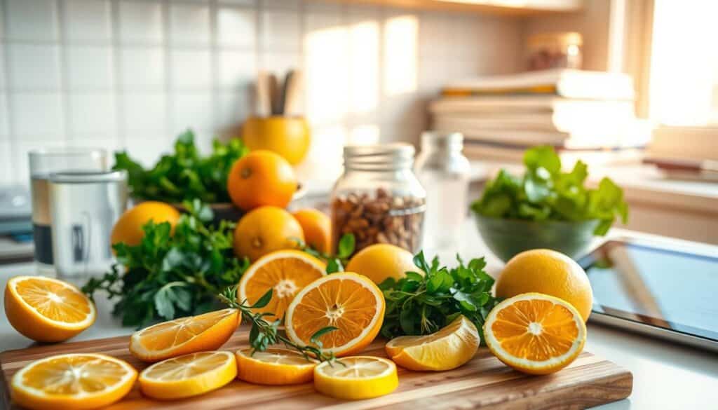 A brightly lit kitchen countertop with a variety of fresh citrus fruits, vibrant greens, and healthy meal components. In the foreground, a cutting board with sliced oranges, lemon wedges, and sprigs of herbs. In the middle ground, a bowl of mixed greens, a jar of nuts, and a glass of water. In the background, a stack of recipe books and a tablet displaying a meal plan. Warm, natural lighting casts a soft glow, creating a welcoming and organized atmosphere for diabetes-friendly meal preparation.