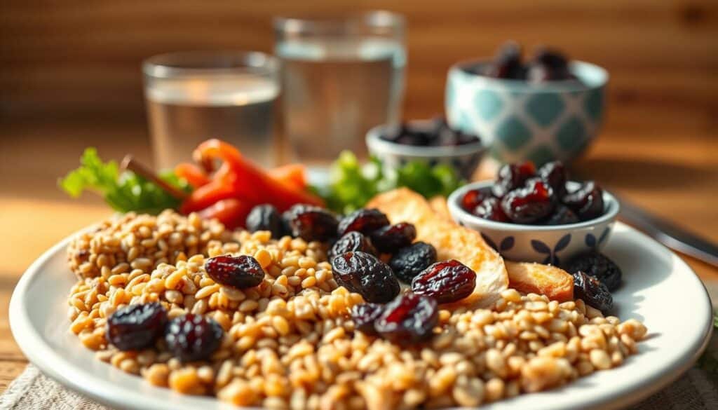 A carefully arranged diabetes-friendly meal plan with a focal point of raisins. In the foreground, a plate showcases a balanced selection of whole grains, lean protein, and vibrant vegetables, with raisins strategically placed to highlight their presence. The middle ground features a glass of water and a small bowl of additional raisins, creating a sense of depth. The background is softly blurred, emphasizing the meal itself. The lighting is warm and natural, casting gentle shadows and highlighting the textures of the ingredients. The overall composition conveys a sense of health, mindfulness, and the integration of raisins into a diabetic-friendly lifestyle.