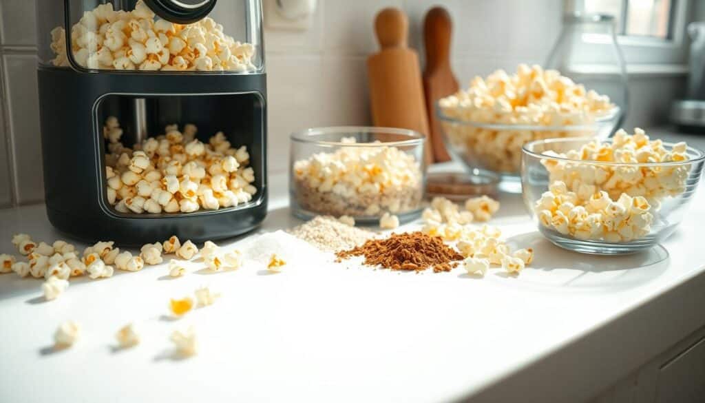 A clean, well-lit kitchen counter with various healthy popcorn preparation methods. In the foreground, a air popper machine releasing fluffy, golden popcorn kernels. In the middle ground, an assortment of natural seasonings like sea salt, herbs, and spices. In the background, a glass bowl filled with unpopped kernels and a bowl of freshly popped popcorn. Bright, natural lighting illuminates the scene, highlighting the textures and colors of the healthy popcorn ingredients. The overall mood is one of simplicity, health, and attention to detail in popcorn preparation.