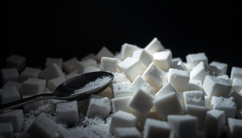 A close-up photograph of an assortment of white sugar cubes and spoons, set against a dark, shadowy background. The sugar cubes appear to be spilling out, with a single spoon partially submerged, symbolizing the potential connection between sugar consumption and the risk of developing diabetes. The lighting is dramatic, with a single beam of light casting shadows that suggest the potential dangers of excessive sugar intake. The overall mood is somber and thought-provoking, inviting the viewer to reflect on the complex relationship between sugar and health.