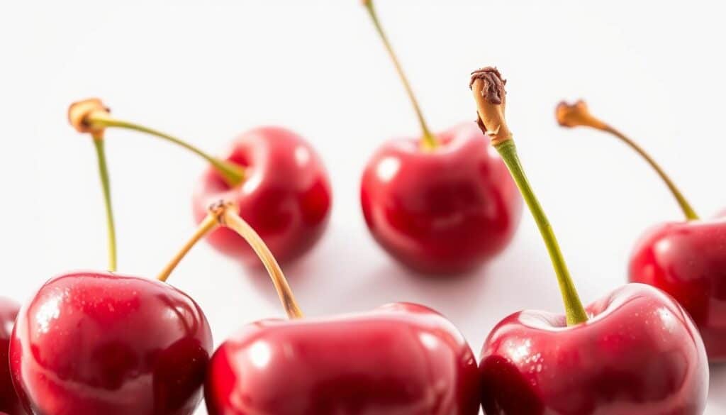A close-up photograph of several ripe, juicy cherries against a clean, white background. The cherries are displayed in a way that highlights their deep red color and glossy skin, revealing their natural beauty and inviting the viewer to appreciate their visual appeal. Warm, natural lighting bathes the scene, casting soft shadows and accentuating the cherries' vibrant hues. The image conveys a sense of freshness, purity, and the inherent health benefits of these antioxidant-rich fruits, complementing the article's focus on the nutritional properties of cherries.