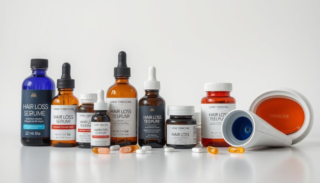 A close-up portrait of various hair loss treatment options, including topical serums, pills, and laser therapy devices, arranged neatly on a clean, well-lit surface. The foreground features a selection of these products, with a soft, diffused lighting that highlights their textures and packaging design. The middle ground showcases a serene, minimalist background, perhaps a plain white or light gray backdrop, to create a sense of focus and clarity. The overall mood is one of professionalism, inviting the viewer to closely examine the various hair loss treatment strategies available.