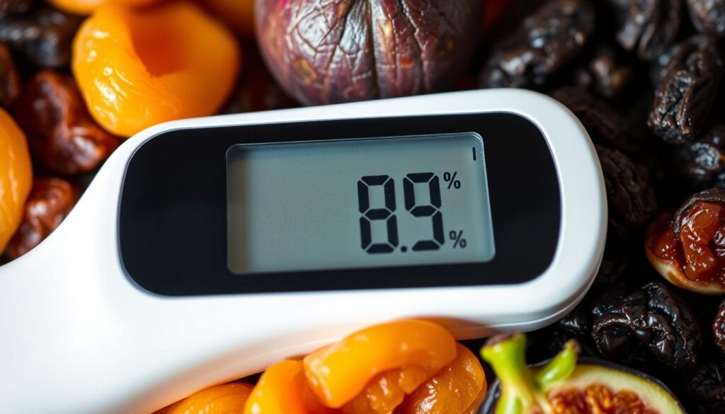 A close-up shot of a blood glucose monitor display against a background of dried fruits, such as raisins, apricots, and figs. The monitor's screen shows a reading, conveying the concept of blood sugar levels. The dried fruits are arranged in a visually appealing, symmetrical pattern, complementing the medical device. The lighting is soft and warm, creating a contemplative atmosphere. The overall composition emphasizes the relationship between diabetes management and the consumption of natural, minimally processed dried fruits.