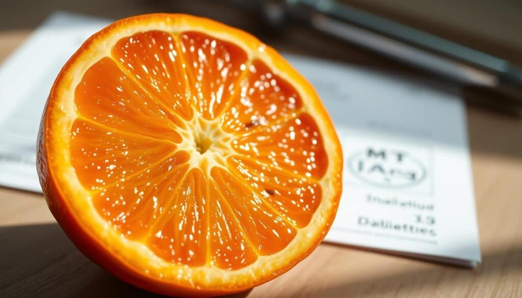 A close-up shot of a juicy orange half, its vibrant hue gleaming under natural lighting. In the background, a blurred medical document, conveying the expertise and scientific context surrounding the topic. The image emanates a sense of informative clarity, inviting the viewer to delve into the nuanced relationship between oranges and diabetes management. Subtle shadows and a crisp, balanced composition lend an air of professionalism, while the organic textures and vivid colors capture the essence of the subject matter.