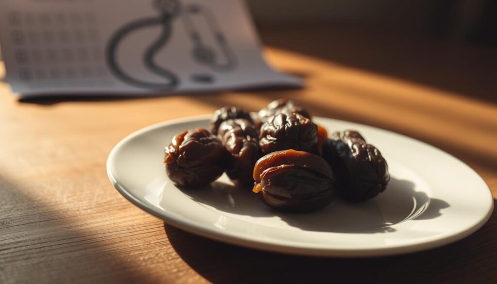 A close-up shot of a plate with several dates, casting long shadows on a wooden table. The dates appear wrinkled and slightly shriveled, suggesting their potential health risks for diabetics. The lighting is soft and warm, creating a moody, contemplative atmosphere. In the background, a faint outline of a medical chart or health-related document is visible, hinting at the informative nature of the image. The overall composition emphasizes the health-conscious context, inviting the viewer to consider the nuances and potential drawbacks of this seemingly healthy snack for those managing diabetes.