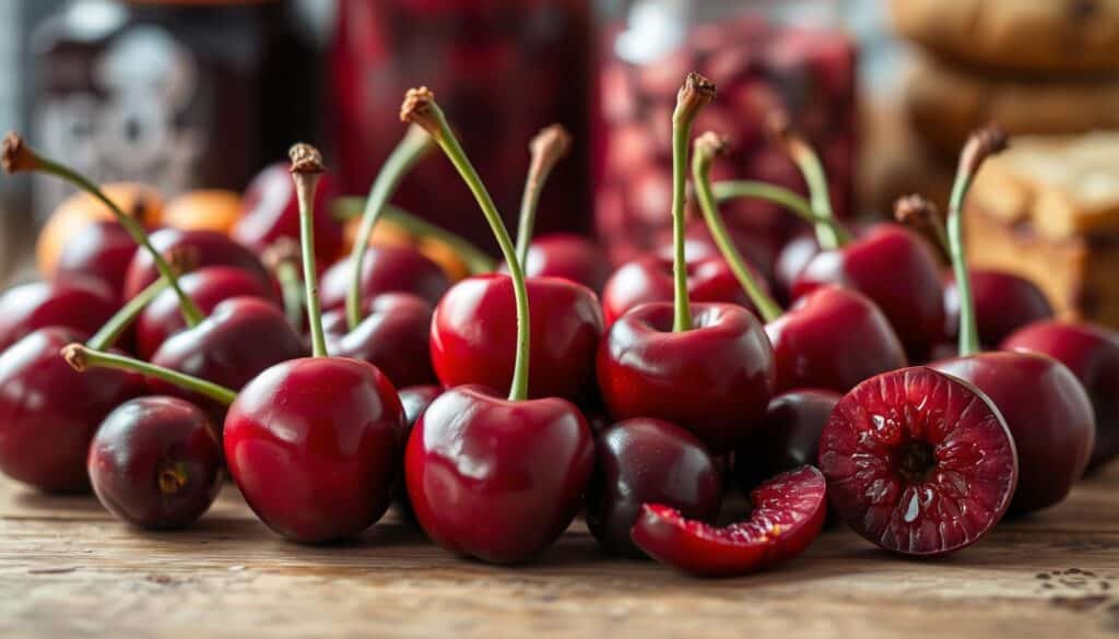 A close-up shot of a selection of fresh cherries, some whole and some sliced, arranged on a wooden surface. The cherries are illuminated by soft, diffused lighting, highlighting their vibrant red color and glistening skin. In the background, blurred images of various cherry-based food products, such as jam, juice, and baked goods, suggest the impact of processing on the fruit's nutritional content. The composition emphasizes the contrast between the natural, unprocessed cherries and the processed items, inviting the viewer to contemplate the effects of different preparation methods on the cherries' beneficial properties.