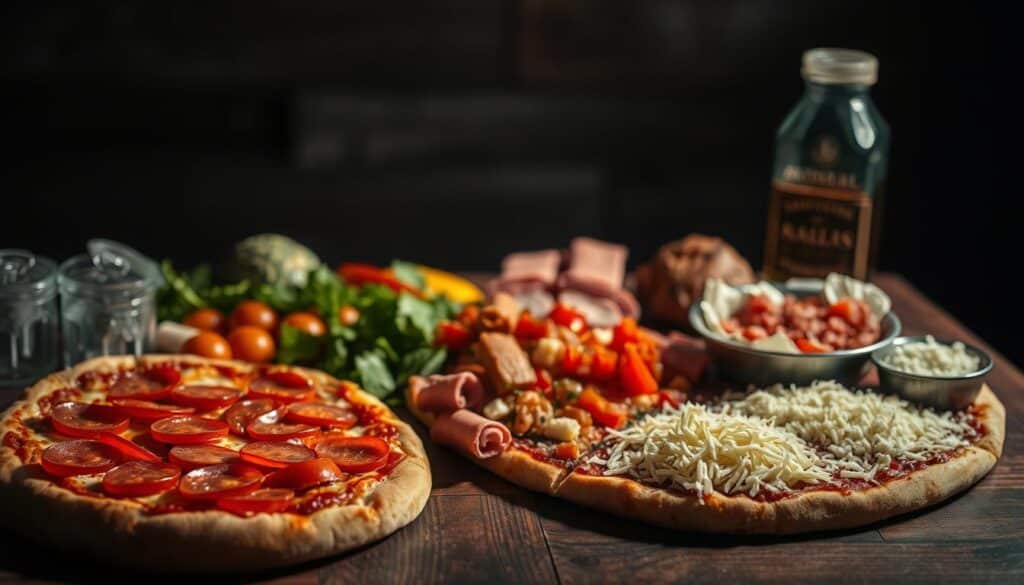 A close-up shot of a variety of pizza ingredients arranged on a wooden table, with a moody, dramatic lighting that casts long shadows. In the foreground, vibrant but unhealthy toppings like pepperoni, sausage, and extra cheese take center stage. In the middle ground, a scatter of processed meats, high-sodium sauces, and sugary toppings stand out. In the background, a blurred out but ominous representation of the potential health risks associated with these ingredients, creating a sense of caution and awareness.