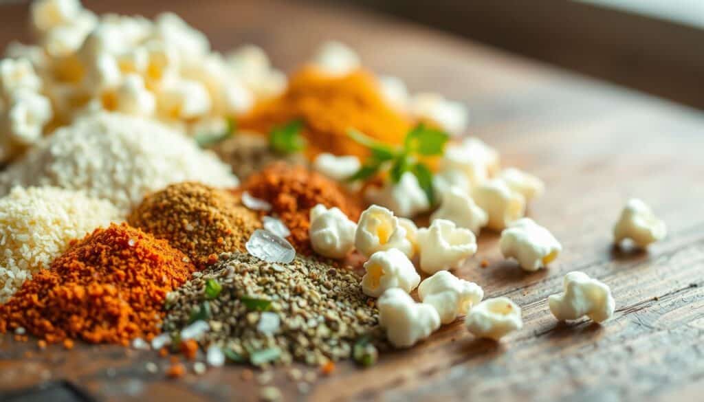 A close-up shot of an assortment of healthy popcorn seasonings artfully arranged on a rustic wooden surface. In the foreground, an array of spices and herbs including garlic powder, onion flakes, paprika, oregano, and a pinch of sea salt. The middle ground showcases a handful of freshly popped popcorn kernels, their light and airy texture inviting. The background features a soft, natural lighting that casts a warm, welcoming glow, highlighting the vibrant colors and textures of the seasoning blend. The overall composition conveys a sense of balance, simplicity, and nutritious indulgence.