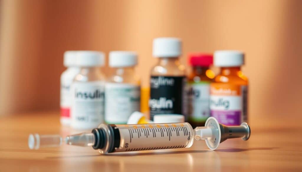 A close-up shot of an insulin syringe and medication bottles, set against a soft, out-of-focus background. The syringe is positioned prominently, reflecting the importance of insulin in managing diabetes and its potential impact on weight. The medication bottles, representing various diabetes treatments, are arranged in the middle ground, conveying a sense of the complex interplay between insulin and other medications in weight management. The lighting is warm and gentle, creating a serene, thoughtful atmosphere. The image is captured with a shallow depth of field, emphasizing the key elements and drawing the viewer's attention to the intricate relationship between insulin and weight management.