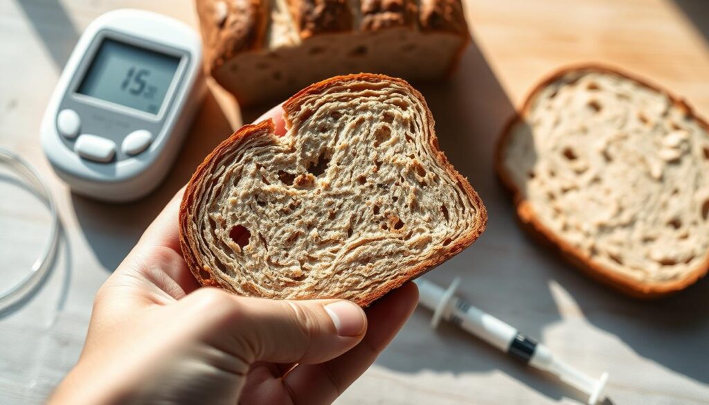 A close-up view of a hand holding a slice of freshly baked rye bread against a backdrop of a blood glucose meter, test strips, and a syringe. The image is bathed in warm, natural lighting from the side, casting soft shadows and highlighting the textures of the bread and medical equipment. The overall composition emphasizes the connection between the consumption of rye bread and its potential impact on blood sugar management for diabetics, conveying a sense of wellness and control.