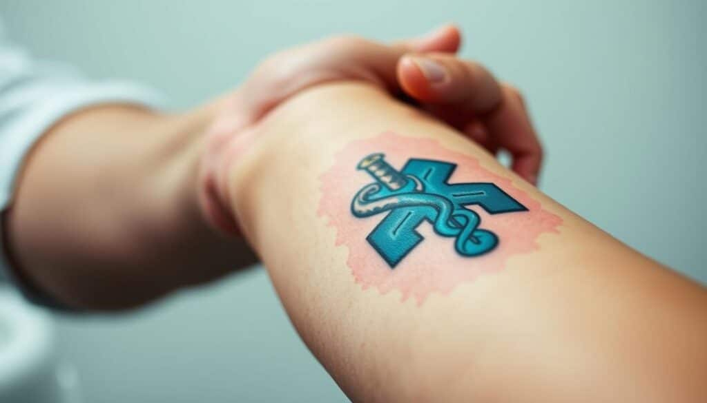A close-up view of a human arm featuring a vibrant tattoo depicting the medical symbol for diabetes, a caduceus with a serpent wrapped around it. The tattoo is displayed against a clean, sterile-looking background, suggesting a clinical environment. Soft, diffused lighting illuminates the arm, creating a sense of importance and attention to detail. The composition emphasizes the tattoo's prominence, showcasing the essential safety measures diabetics must consider when getting inked, such as proper wound care, infection prevention, and blood sugar monitoring. The overall atmosphere conveys a sense of professionalism, highlighting the need for diabetics to approach tattoos with caution and guidance from healthcare providers.