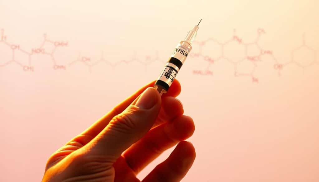 A close-up view of a human hand holding an insulin syringe against a backdrop of a chemical model depicting the metabolic pathways of glucose and insulin. The scene is illuminated by warm, diffused lighting, creating a sense of clinical yet approachable atmosphere. The foreground focuses on the syringe, showcasing the process of insulin therapy, while the middle ground displays the intricate molecular structures representing the complex relationship between diabetes and metabolism. The background fades into a soft, blurred gradient, emphasizing the central subject matter.