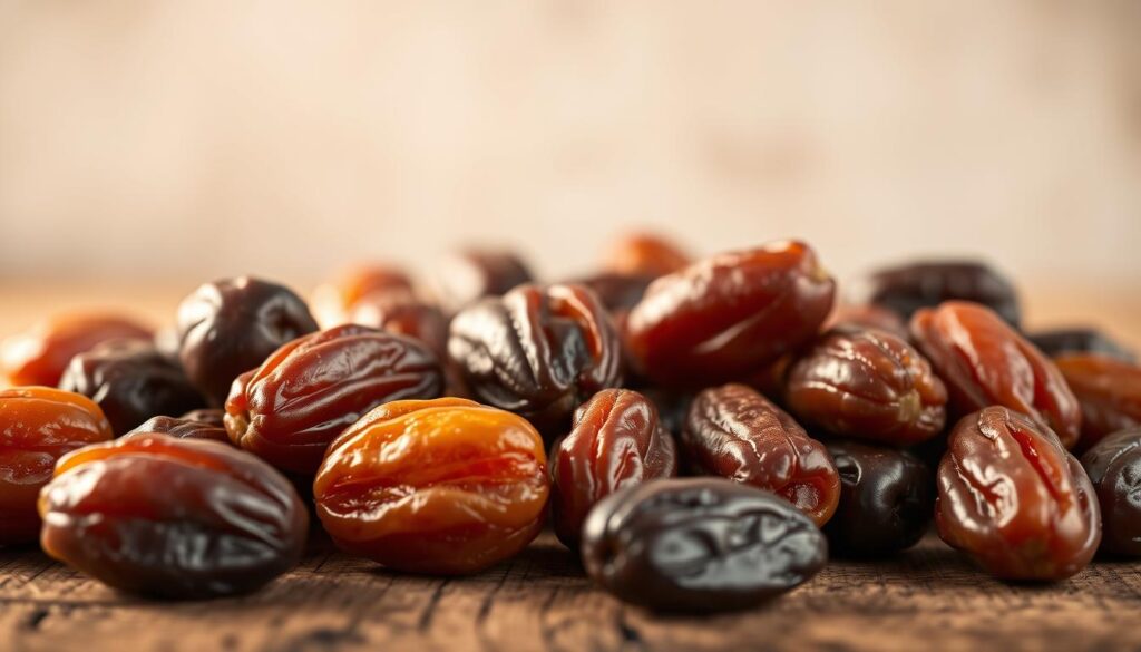 A close-up view of an assortment of fresh, plump dates laid out on a rustic wooden surface. The dates are illuminated by soft, warm lighting, casting gentle shadows and highlighting their natural texture and rich, amber hues. In the background, a blurred out, minimalist backdrop provides a clean, uncluttered focus on the dates. The image conveys a sense of simplicity, nutrition, and the inherent glycemic properties of this iconic, natural sweetener.