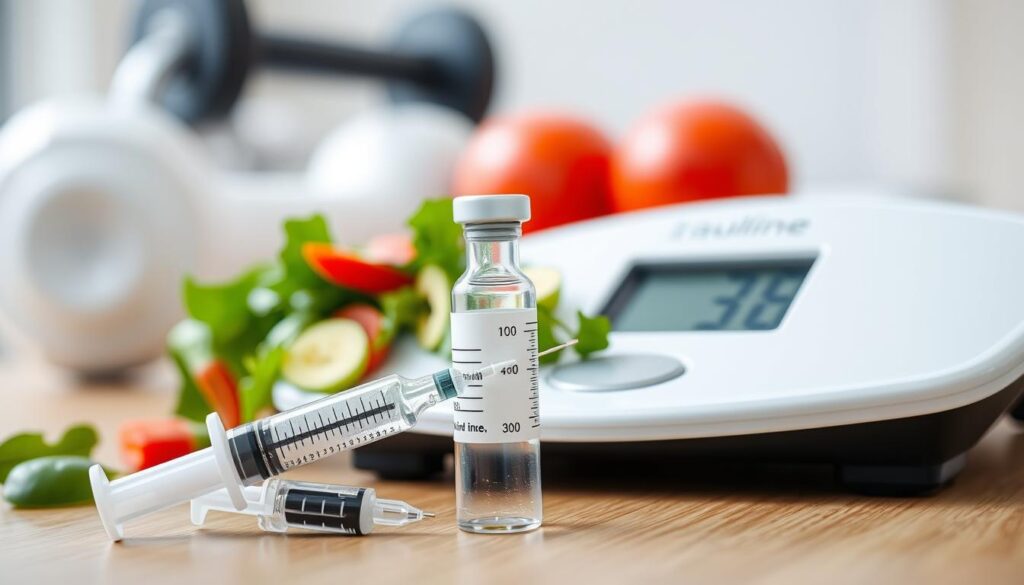 A close-up view of an insulin syringe and vial, accompanied by a digital weight scale, against a blurred background of a healthy salad and exercise equipment. The image is captured in soft, natural lighting, conveying a sense of balance and wellness. The syringe and vial are positioned prominently, highlighting the role of insulin therapy in weight management for individuals with diabetes. The weight scale symbolizes the importance of monitoring and maintaining a healthy weight as part of a comprehensive diabetes management plan.