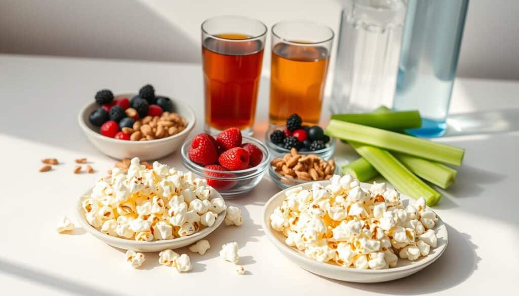 A crisp, well-lit tabletop scene showcasing an assortment of diabetic-friendly snacks. In the foreground, a plate of air-popped popcorn with a light drizzle of olive oil and a sprinkle of sea salt. Alongside it, a small bowl of raw mixed nuts, a handful of fresh berries, and sliced cucumber and celery sticks. In the middle ground, a glass of unsweetened iced tea and a water bottle. The background features a clean, neutral-toned surface, with natural lighting cascading across the scene, highlighting the vibrant colors and textures of the healthy snack options.