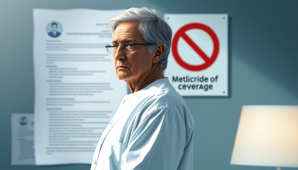 A detailed conceptual illustration of Medicare coverage limitations for the diabetes medication Ozempic. A middle-aged patient in a white medical gown stands in the foreground, with a concerned expression. In the background, a visual metaphor representing the limitations of Medicare coverage, such as a partially obscured medical document or a restricted access sign. The lighting is soft and muted, conveying a sense of uncertainty and ambiguity around the topic. The overall composition emphasizes the patient's dilemma and the challenges they may face in obtaining full coverage for this treatment.