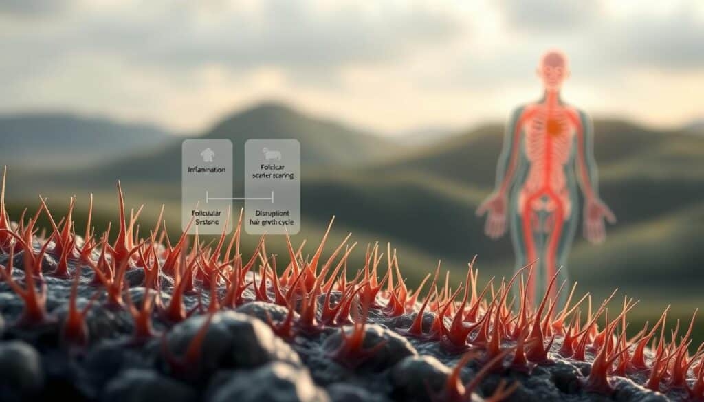 A detailed illustration depicting the autoimmune mechanisms underlying hair loss. In the foreground, a micrographic close-up of hair follicles, showcasing the immune system's attack on the hair roots. In the middle ground, a schematic diagram highlighting the key processes involved, such as inflammation, follicular scarring, and disruption of the hair growth cycle. In the background, a softly blurred, naturalistic landscape setting, conveying a sense of the body's internal workings. Realistic textures, muted color palette, and dramatic lighting to create a scientific, yet visually compelling, medical illustration.