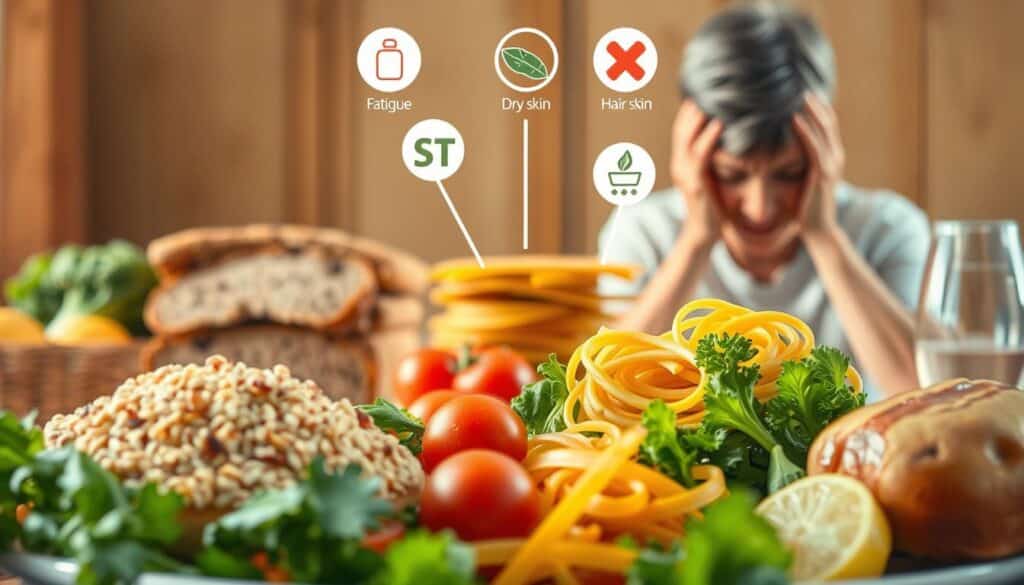 A detailed illustration of nutrient deficiencies in a gluten-free diet. In the foreground, a well-balanced meal with whole grains, vegetables, and lean protein. In the middle ground, a stack of gluten-free bread and pasta, with various vitamin and mineral deficiency icons floating above. In the background, a person experiencing symptoms of nutrient deficiency, such as fatigue, dry skin, and hair loss. The scene is bathed in warm, natural lighting, with a slightly muted color palette to convey a sense of concern and caution. The overall composition emphasizes the importance of understanding the nutritional implications of a gluten-free lifestyle and the need for careful dietary planning.