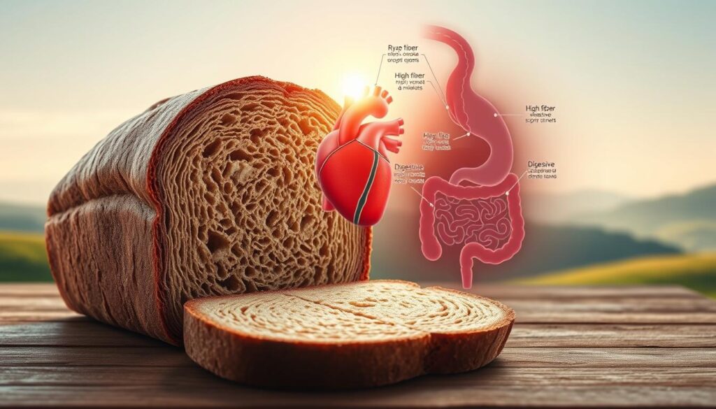 A detailed illustration of the heart and digestive benefits of rye bread. In the foreground, a beautifully rendered cross-section of a slice of rye bread, showcasing its dense, chewy texture and rich, nutty color. Emerging from the bread, anatomical diagrams of the human heart and digestive system, highlighting the positive effects of rye's high fiber, antioxidant, and mineral content. The background features a serene, minimalist landscape with soft lighting, conveying a sense of health and wellness. Rendered in a photorealistic style with a focus on scientific accuracy and visual appeal, this image aims to educate and inspire viewers about the holistic benefits of incorporating rye bread into a balanced diet.