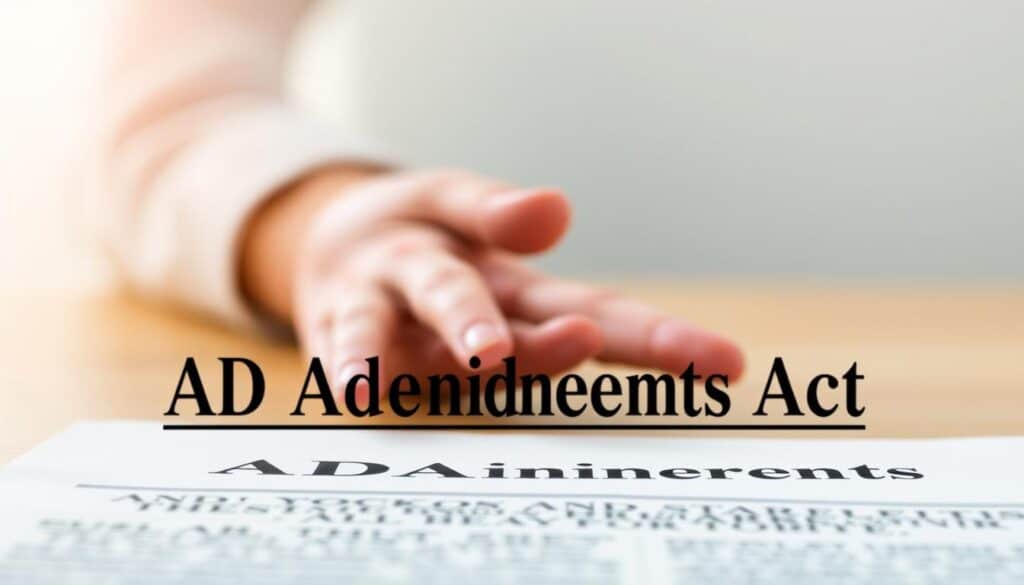 A detailed legal document with the text "ADA Amendments Act" prominently displayed, set against a clean, bright background. The document is positioned in the foreground, with a sense of authority and importance. The middle ground features a subtle, out-of-focus human hand reaching towards the document, symbolizing the personal impact and application of the law. The background is softly blurred, creating a sense of focus and emphasis on the legal text. The lighting is warm and natural, conveying a sense of professionalism and credibility. The overall composition suggests the significance and relevance of the ADA Amendments Act in the context of the article's subject matter.