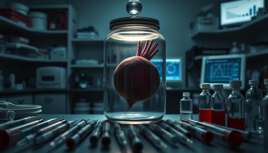 A dimly lit medical laboratory setting, with a central glass specimen jar containing a single large beet. The jar is backlit, casting an eerie glow on the beet's deep crimson flesh. In the foreground, several syringes, vials, and other medical instruments are arranged, suggesting the beet's potential impact on diabetes management. The background features shelves of scientific equipment and a distant view of a computer monitor displaying glucose and insulin charts. The overall mood is one of contemplation and cautious examination, hinting at the nuanced relationship between beet consumption and diabetes.