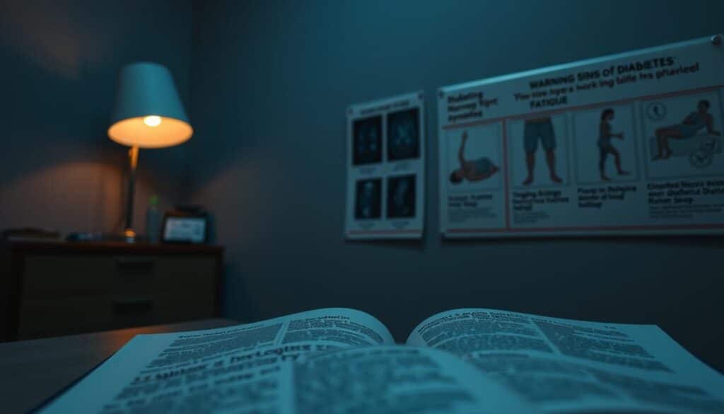 A dimly lit medical office, the ambient glow from a desk lamp casting shadows. On the wall, a series of diagnostic images and charts illustrate the warning signs of diabetes - blurred vision, tingling limbs, increased thirst and fatigue. The scene exudes a sense of unease, hinting at the importance of recognizing these subtle symptoms before they escalate. The lighting is somber, the palette muted, the overall mood one of quiet contemplation. A close-up of a medical textbook lies open, its pages detailing the physiological processes underlying diabetic neuropathy and sleep disturbances. This image aims to visually encapsulate the pivotal role of early detection in managing diabetes-related symptoms.