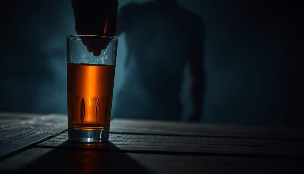 A dimly lit, moody scene depicting the risks of alcohol consumption and diabetes. In the foreground, a half-full glass of amber-colored liquor sits on a weathered wooden table, casting a soft glow. The middle ground features a hand reaching for the glass, signifying the temptation of alcohol. In the background, a hazy, blurred figure symbolizes the underlying health concerns, such as the increasing risk of diabetes. The lighting is low-key, creating an atmosphere of introspection and the weight of potential consequences. The overall composition evokes a sense of balance between the allure of alcohol and the hidden dangers it poses to one's well-being.