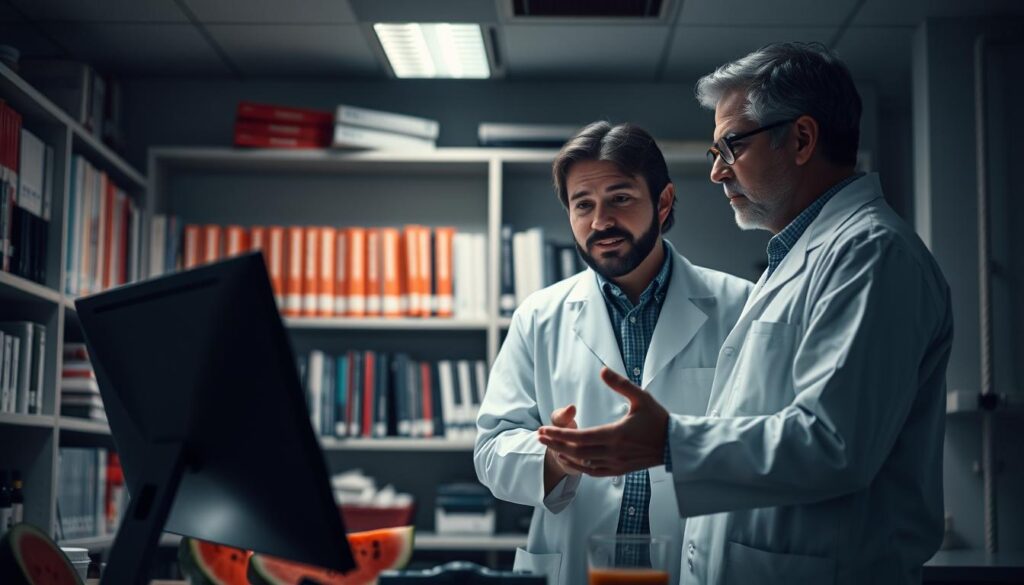 A dimly lit research laboratory, with shelves of medical journals and scientific equipment in the background. In the foreground, two experts in white lab coats are engaged in a lively discussion, their expressions intense as they analyze data from a computer screen. Soft overhead lighting casts dramatic shadows, emphasizing the serious nature of their work. The scene conveys a sense of rigorous, evidence-based inquiry into the complex relationship between watermelon and glycemic management.