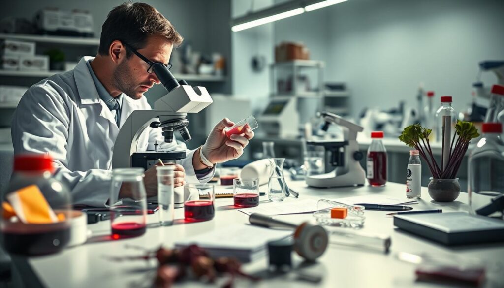A laboratory setting with a researcher in a white coat examining beetroot samples under a microscope. The table is cluttered with various scientific instruments, test tubes, and notes. Bright LED lighting illuminates the scene, casting sharp shadows. The background is blurred, hinting at additional scientific equipment and shelves. The mood is one of focused scientific inquiry, with the researcher deeply engaged in the study of beetroot's effects on blood sugar and vascular health.