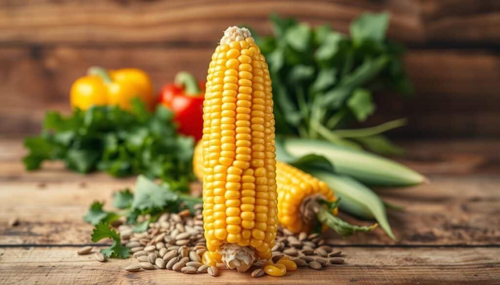 A lush, vibrant ear of corn stands prominently in the foreground, its golden kernels glistening under soft, warm lighting. In the middle ground, an array of nutrient-rich accompaniments surround the corn - fresh leafy greens, colorful bell peppers, and a sprinkle of sunflower seeds. The background features a rustic wooden table, casting a cozy, inviting atmosphere. The composition is balanced, highlighting the nutritional value of this humble vegetable. Captured with a shallow depth of field, the image draws the viewer's attention to the corn's intricate details and the harmonious blend of wholesome ingredients.