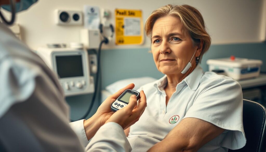 A medical professional checks a patient's blood sugar levels with a glucose meter, meticulously monitoring the vital stats against a backdrop of medical equipment and supplies. The scene is illuminated by warm, natural lighting, creating a calm and reassuring atmosphere. The patient's expression conveys a sense of care and diligence in managing their health, essential for a safe and successful blood donation. The composition emphasizes the importance of maintaining well-controlled blood sugar levels to ensure a smooth and responsible donation process.