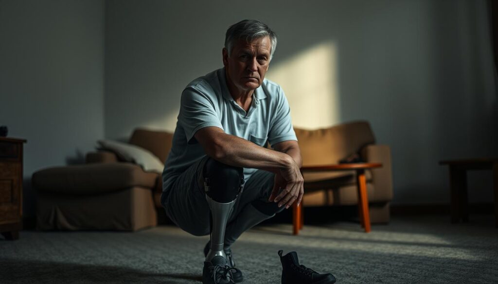 A middle-aged person with a prosthetic leg sits alone in a dimly lit living room, their expression somber. The room is sparsely furnished, with a worn couch and a small table. The lighting is soft and muted, casting long shadows that convey a sense of isolation and introspection. The person's posture is hunched, their shoulders drooping, reflecting the emotional and physical toll of the amputation. The background is blurred, drawing the viewer's focus to the individual's pensive gaze, conveying the profound impact of the loss on their quality of life.