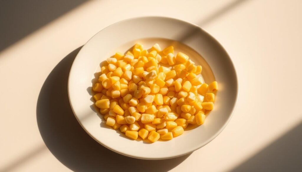 A neatly arranged plate showcasing a balanced portion of corn kernels, meticulously measured and presented in an artful manner. Warm, natural lighting illuminates the scene, casting soft shadows and highlighting the vibrant yellow hues of the corn. The composition features a clean, minimalist background, allowing the corn to take center stage. The image conveys a sense of careful consideration and attention to detail, perfectly capturing the essence of "Portion Control and Meal Planning with Corn" for a health-conscious audience.