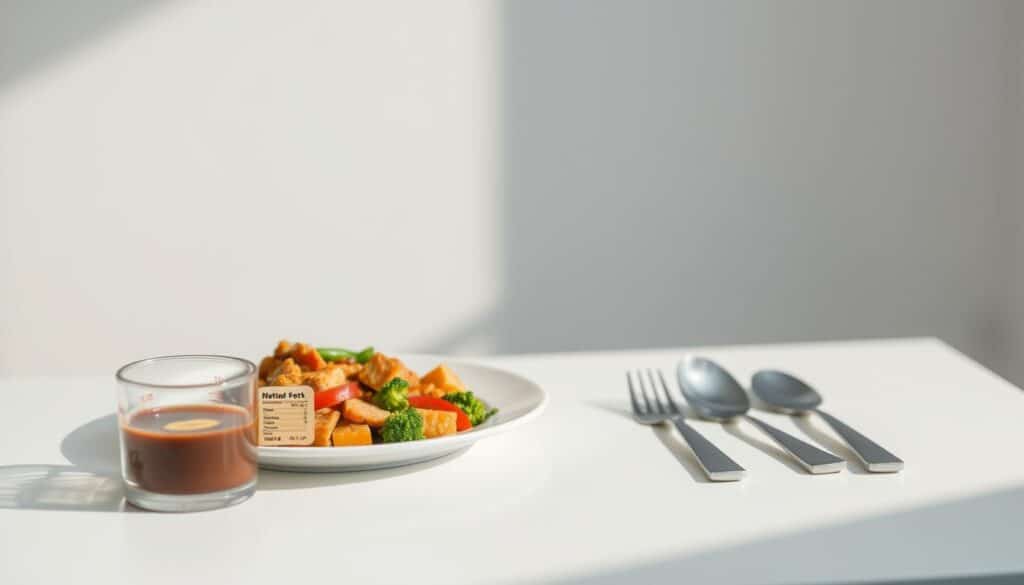 A neatly arranged table setting with a plate, utensils, and a portion-controlled serving of a healthy meal. Soft, natural lighting casts gentle shadows, emphasizing the dish's textures and proportions. In the foreground, a measuring cup and food labels highlight the importance of mindful portion sizes for diabetes management. The middle ground features a sleek, minimalist design, creating a calming, focused atmosphere. The background fades softly, directing the viewer's attention to the central elements of portion control and healthy eating.