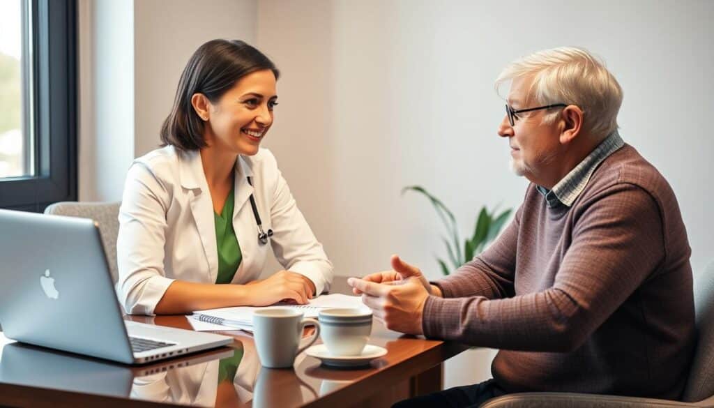 A registered dietitian sitting at a desk, consulting with a patient with diabetes. The dietitian is dressed in professional attire, with a warm, empathetic expression, leaning forward to listen intently. On the desk, there are reference materials, a laptop, and a cup of coffee, creating a cozy, productive atmosphere. The lighting is soft and flattering, creating a sense of comfort and trust. The patient is engaged, asking questions, with a hopeful expression, reflecting the dietitian's expertise and guidance. The scene conveys the collaborative nature of diabetes management, with the dietitian's role in providing personalized nutrition advice and support.