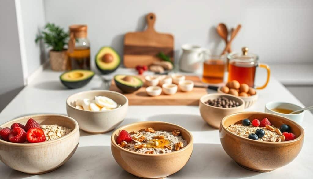 A serene kitchen countertop showcasing an array of healthy breakfast alternatives for diabetics. In the foreground, a collection of soothing, earthy-toned ceramic bowls brimming with inviting hot cereal options like steel-cut oats, quinoa porridge, and chia pudding. Complementing these are fresh berries, crunchy nuts, and a drizzle of honey, all bathed in soft, natural lighting that highlights the textures and colors. In the middle ground, a minimalist wooden cutting board displays sliced avocado, hard-boiled eggs, and a selection of herbal teas, creating a balanced and nourishing spread. The background features a clean, bright white wall, giving the scene an airy, inviting ambiance.