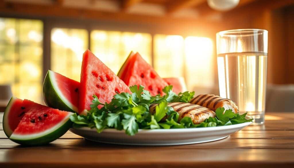 A sumptuous arrangement of fresh watermelon slices, crisp green salad, grilled chicken breast, and a glass of water on a wooden table. Warm afternoon sunlight filters through a large window, casting a soft glow on the scene. The composition is balanced and visually appealing, highlighting the vibrant colors and textures of the healthy, diabetes-friendly meal. The image conveys a sense of well-being, nutrition, and mindful dietary choices.
