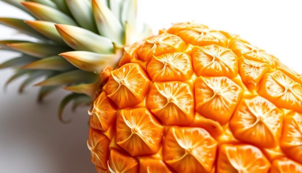 A vibrant, closeup photograph of a ripe, golden pineapple slice against a clean, white backdrop. The pineapple is cut into wedges, revealing its juicy, succulent flesh and distinct pattern of diamond-shaped segments. Soft, even lighting illuminates the fruit's natural sheen and highlights its vibrant, sun-kissed hues. The image conveys the pineapple's refreshing qualities, while also subtly alluding to its potential benefits and risks for diabetics through the careful composition and lighting.