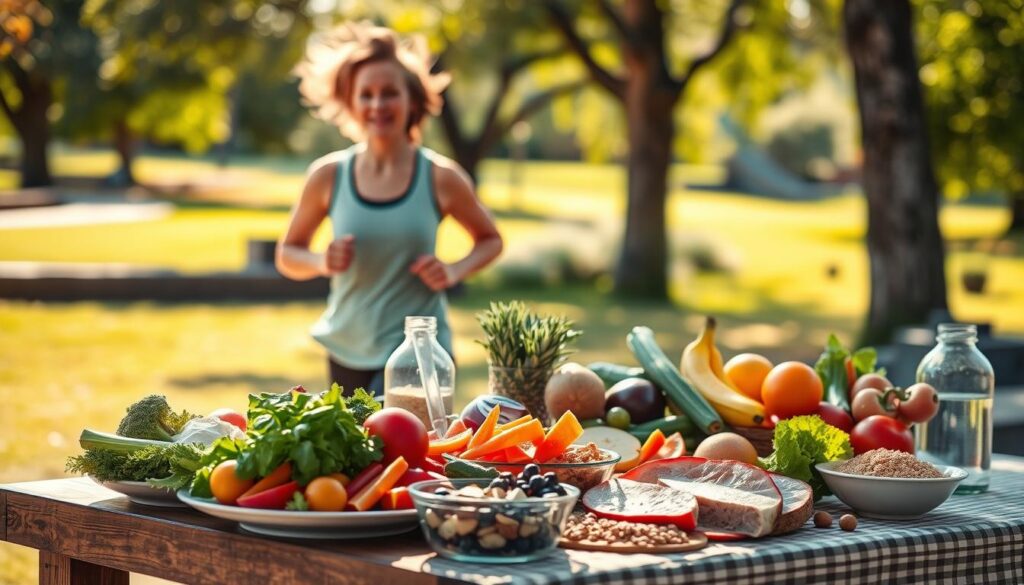 A vibrant, dynamic scene depicting lifestyle changes for effective weight management. In the foreground, a person engaged in a brisk outdoor activity like jogging or cycling, their expression focused and determined. In the middle ground, a table filled with healthy, colorful foods - fresh produce, lean proteins, and whole grains. The background showcases a serene, sun-dappled environment, perhaps a park or garden, conveying a sense of balance and wellness. Warm, natural lighting illuminates the scene, casting a gentle glow. The overall composition suggests a holistic approach to weight management, blending physical activity, nutritious eating, and a peaceful, rejuvenating setting.