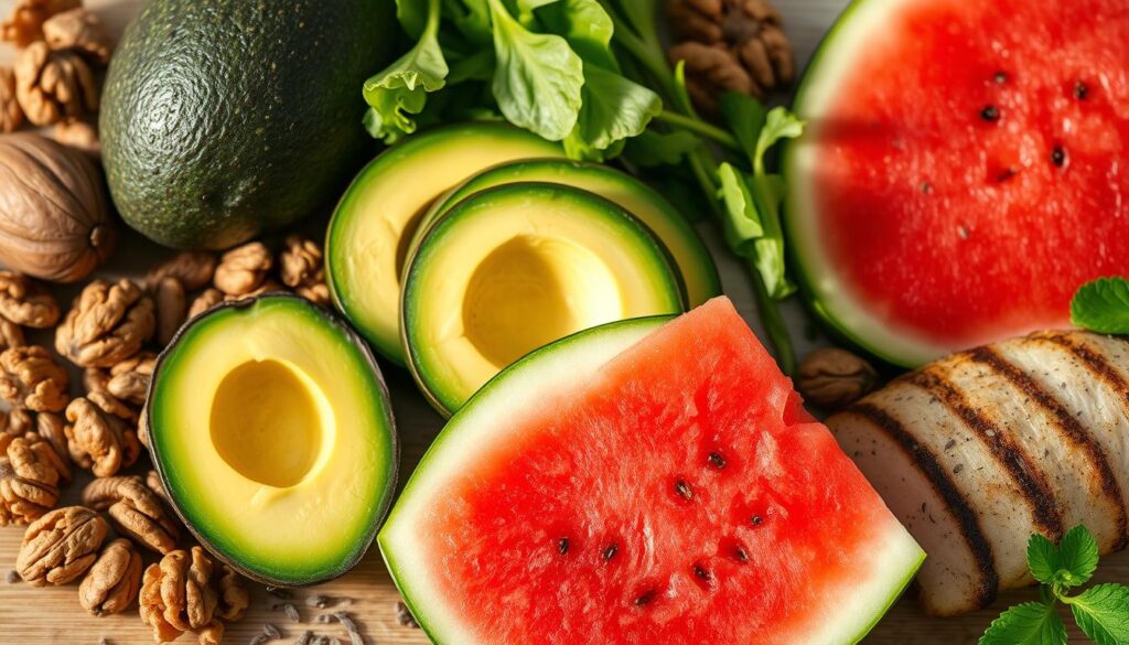 A vibrant still life arrangement showcasing the interaction between watermelon, a variety of healthy fats, high-fiber foods, and lean protein sources. The centerpiece is a juicy slice of watermelon, surrounded by avocado slices, walnuts, chia seeds, and grilled chicken breast. The lighting is warm and natural, highlighting the textures and colors of the ingredients. The composition is balanced, with the elements carefully arranged to create a visually appealing and informative display. The overall mood is one of health, wellness, and the beneficial pairing of watermelon with nutrient-dense companions.