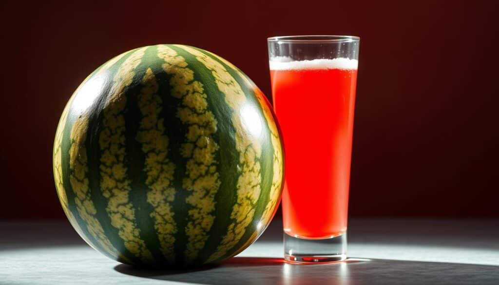 A vibrant still life showcasing the contrast between a luscious whole watermelon and a glass brimming with its fresh, pulpy juice. The watermelon sits prominently in the foreground, its ripe green rind and glistening pink flesh creating a striking visual. In the middle ground, the glass of watermelon juice casts a warm, inviting glow, highlighting the drink's rich ruby hue and frothy texture. The background is softly blurred, allowing the main subjects to take center stage. Dramatic side lighting casts dramatic shadows, adding depth and drama to the scene. Captured with a shallow depth of field, the image emphasizes the interplay between the solid fruit and the liquid form, inviting the viewer to consider the potential impact of each on a diabetic's health.