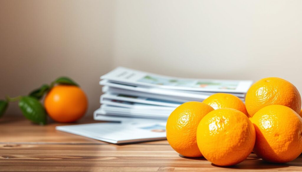 A vibrant still life showcasing the nutritional benefits of oranges for diabetes. In the foreground, a cluster of plump, juicy oranges rests on a wooden table, their vibrant hues contrasting with the muted tones of the background. Soft, natural lighting casts a warm glow, accentuating the textural details of the fruit's skin and highlighting the rich, golden tones. In the middle ground, a stack of informative leaflets or medical documents provides context, hinting at the scientific research and health insights that underscore the oranges' potential as a diabetes-friendly food. The background is a serene, minimalist setting, allowing the oranges and supporting elements to take center stage and convey a sense of calm, informative authority.