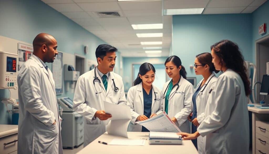 A vibrant, well-lit clinical setting with a team of healthcare professionals in white coats and scrubs engaged in collaborative discussion around a patient's medical chart. In the foreground, a doctor, nurse, and dietitian stand around an examination table, conveying a sense of multidisciplinary care. In the middle ground, various medical equipment and supplies suggest a comprehensive approach to diabetes management. The background features hospital signage and other clinical details, creating an atmosphere of a modern, state-of-the-art healthcare facility dedicated to holistic diabetic patient care.